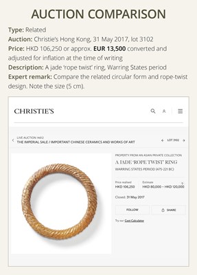 Lot 95 - A YELLOW AND RUSSET JADE ‘ROPE-TWIST’ BANGLE, HAN DYNASTY OR EARLIER