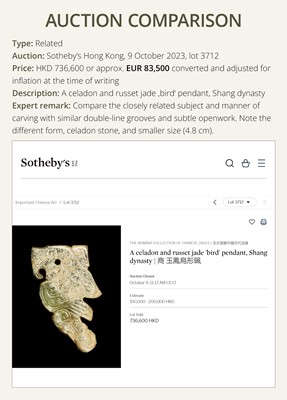 Lot 69 - A PALE YELLOW AND RUSSET JADE ‘BIRD‘ PENDANT, LATE SHANG DYNASTY, ANYANG PHASE