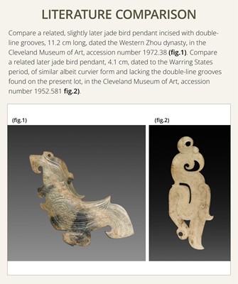 Lot 69 - A PALE YELLOW AND RUSSET JADE ‘BIRD‘ PENDANT, LATE SHANG DYNASTY, ANYANG PHASE