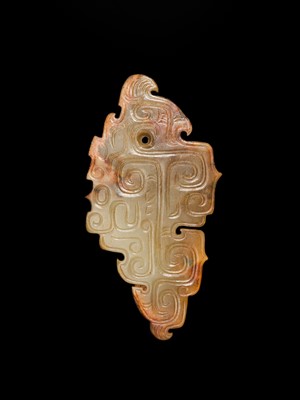 Lot 69 - A PALE YELLOW AND RUSSET JADE ‘BIRD‘ PENDANT, LATE SHANG DYNASTY, ANYANG PHASE