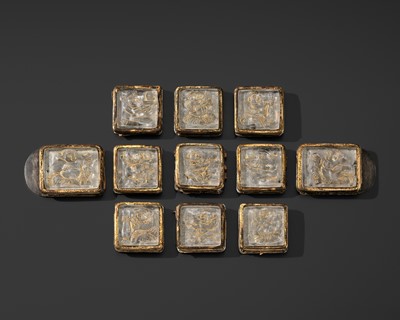 Lot 52 - A SET OF ELEVEN ROCK CRYSTAL AND GILT-BRONZE BELT PLAQUES, LIAO DYNASTY