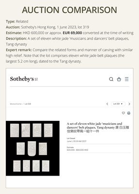 Lot 50 - A SET OF ELEVEN INCISED AND GILT JADE ‘IMMORTAL BANQUET’ BELT PLAQUES WITH GILT SILVER MOUNTS, LIAO DYNASTY