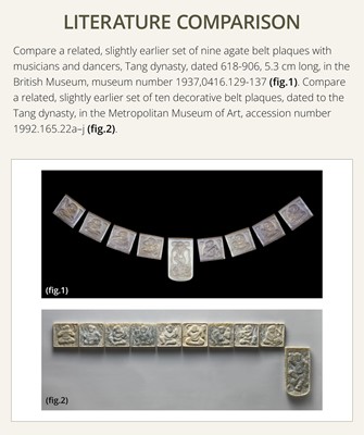 Lot 50 - A SET OF ELEVEN INCISED AND GILT JADE ‘IMMORTAL BANQUET’ BELT PLAQUES WITH GILT SILVER MOUNTS, LIAO DYNASTY