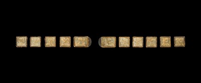 Lot 50 - A SET OF ELEVEN INCISED AND GILT JADE ‘IMMORTAL BANQUET’ BELT PLAQUES WITH GILT SILVER MOUNTS, LIAO DYNASTY