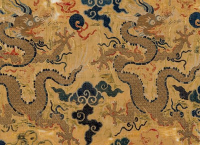 Lot 132 - AN IMPERIAL ‘TWO DRAGONS’ SILK BROCADE FRAGMENT, MING DYNASTY