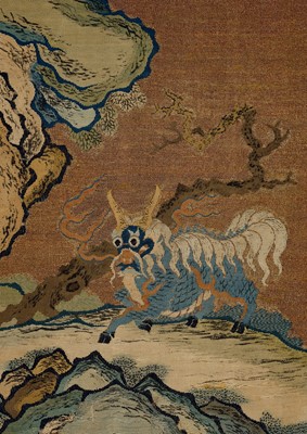 Lot 133 - A RARE EMBROIDERED GOLD-GROUND ‘QILIN’ PANEL, KANGXI PERIOD