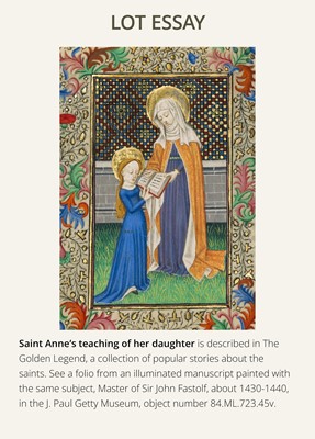 Lot 122 - AN INDO-PORTUGUESE IVORY GROUP DEPICTING SAINT ANNE TEACHING THE VIRGIN TO READ, GOA, LATE 17TH CENTURY