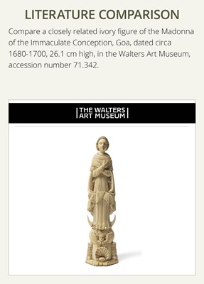 Lot 123 - AN INDO-PORTUGUESE IVORY FIGURE OF OUR LADY OF THE IMMACULATE CONCEPTION, GOA, LATE 17TH CENTURY