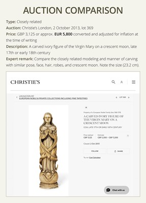 Lot 123 - AN INDO-PORTUGUESE IVORY FIGURE OF OUR LADY OF THE IMMACULATE CONCEPTION, GOA, LATE 17TH CENTURY
