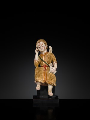 Lot 125 - AN INDO-PORTUGUESE GILT AND POLYCHROME IVORY FIGURE OF CHRIST AS THE GOOD SHEPHERD, GOA, 17TH CENTURY