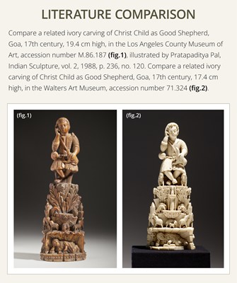 Lot 125 - AN INDO-PORTUGUESE GILT AND POLYCHROME IVORY FIGURE OF CHRIST AS THE GOOD SHEPHERD, GOA, 17TH CENTURY
