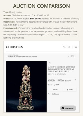 Lot 125 - AN INDO-PORTUGUESE GILT AND POLYCHROME IVORY FIGURE OF CHRIST AS THE GOOD SHEPHERD, GOA, 17TH CENTURY