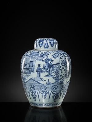 Lot 26 - A LARGE BLUE AND WHITE ‘LADIES’ JAR AND COVER, KANGXI PERIOD
