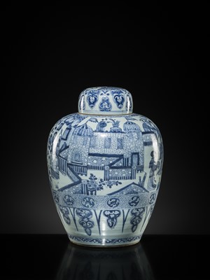 Lot 26 - A LARGE BLUE AND WHITE ‘LADIES’ JAR AND COVER, KANGXI PERIOD