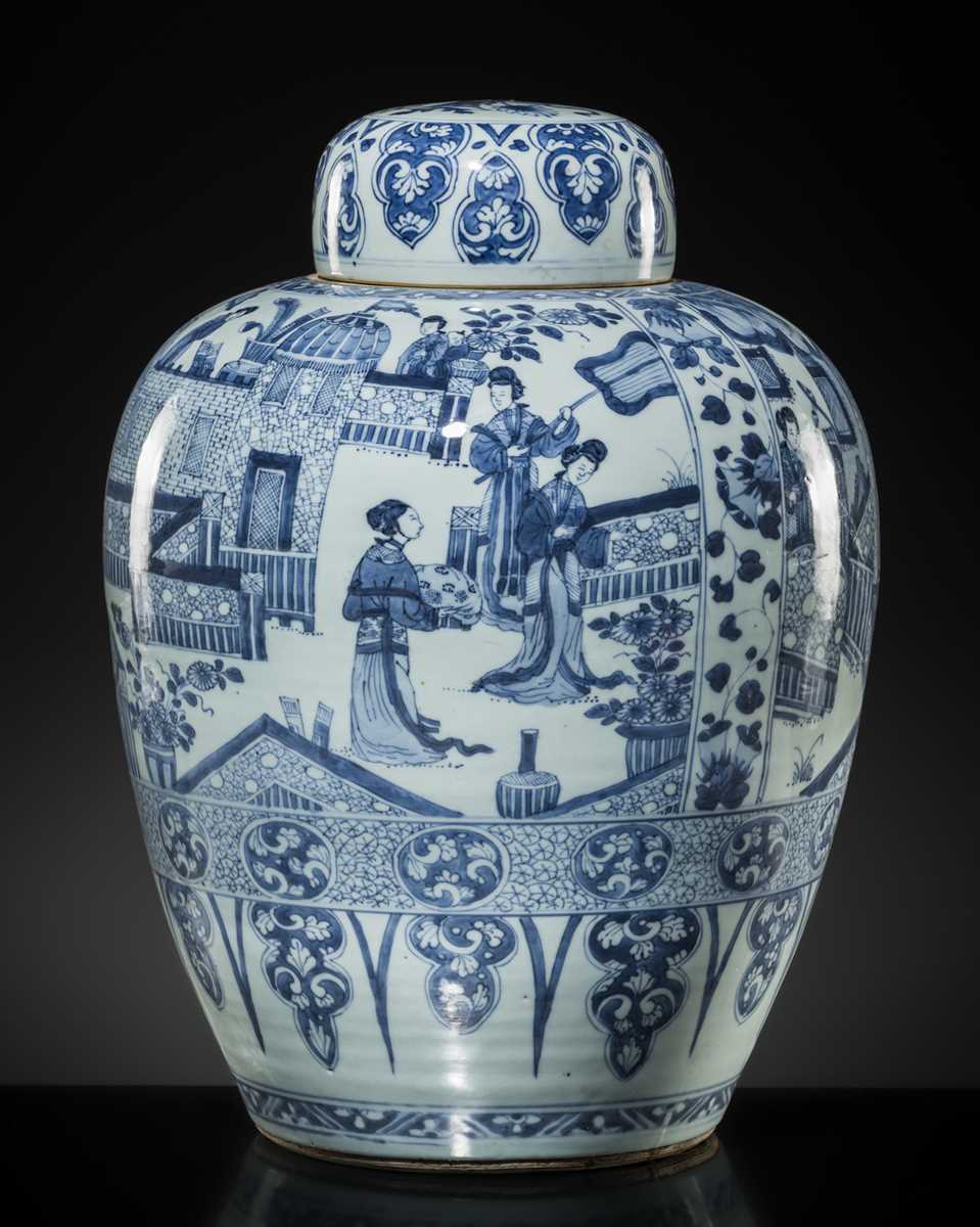 Lot 26 - A LARGE BLUE AND WHITE ‘LADIES’ JAR AND COVER, KANGXI PERIOD