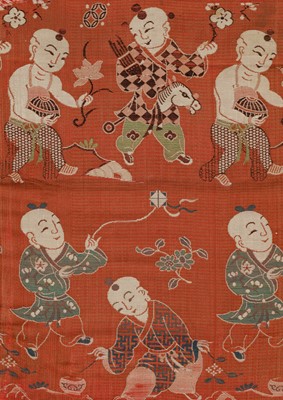 Lot 281 - A ‘BOYS AT PLAY’ SILK PANEL, CIRCA 19TH CENTURY