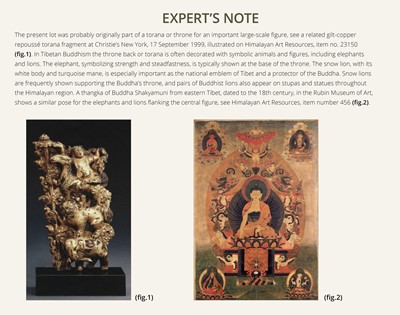 A GILT COPPER REPOUSSÉ ‘LION AND ELEPHANT’ PANEL, TIBET, 17TH-18TH CENTURY