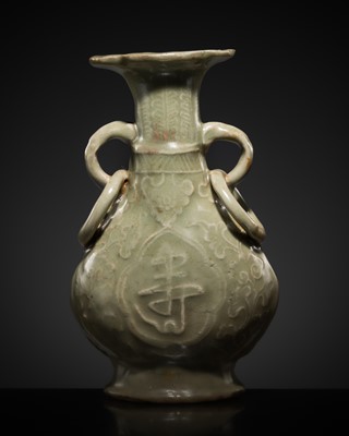 Lot 240 - A MOLDED LONGQUAN CELADON 'FU SHOU' VASE, EARLY MING DYNASTY