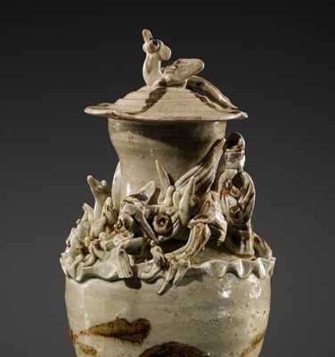 Lot 213 - A QINGBAI IRON DECORATED FUNERARY JAR WITH COVER, SOUTHERN SONG DYNASTY