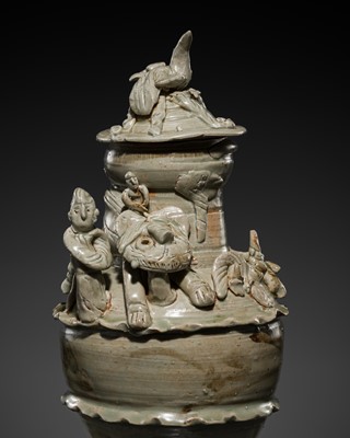 Lot 214 - A QINGBAI FUNERARY JAR WITH COVER WITH THE WHITE TIGER OF THE WEST, SOUTHERN SONG DYNASTY