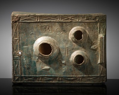 Lot 195 - A GREEN-GLAZED POTTERY MODEL OF A COOKING STOVE, HAN DYNASTY