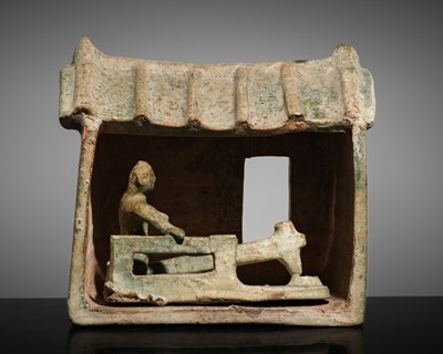 Lot 196 - A GREEN-GLAZED POTTERY MODEL OF A MILLHOUSE, HAN DYNASTY