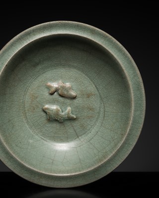 Lot 229 - A LONGQUAN CELADON ‘TWIN FISH’ DISH, LATE SOUTHERN SONG TO YUAN DYNASTY