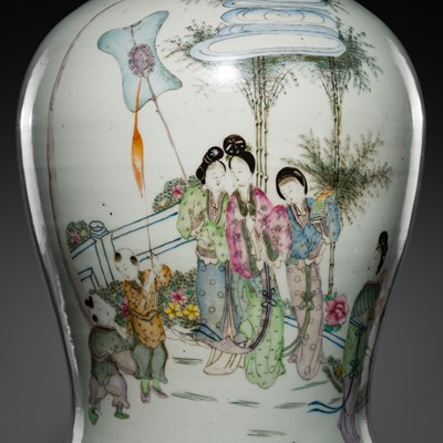 Lot 266 - A LARGE FAMILLE ROSE ‘LADIES AND CHILDREN’ JAR, 19TH CENTURY