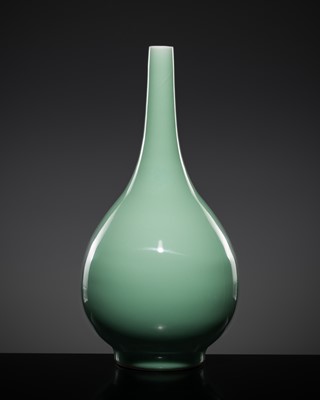 Lot 253 - A CELADON-GLAZED BOTTLE VASE, QING DYNASTY, QIANLONG MARK AND POSSIBLY OF THE PERIOD