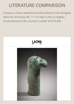 Lot 113 - A POWERFUL BIRD-HEAD BRONZE FINIAL, WESTERN INNER MONGOLIA, 6TH-4TH CENTURY BC