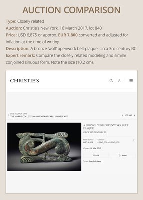 Lot 88 - A GILT-BRONZE ‘WOLF’ OPENWORK PLAQUE, NORTHWEST CHINA, 3RD-1ST CENTURY BC