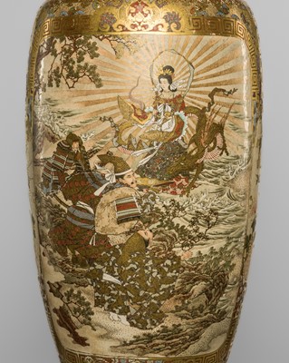 A MASSIVE (76.6 CM) AND IMPRESSIVE BALUSTER SATSUMA CERAMIC VASE DEPICTING RYUJU KANNON