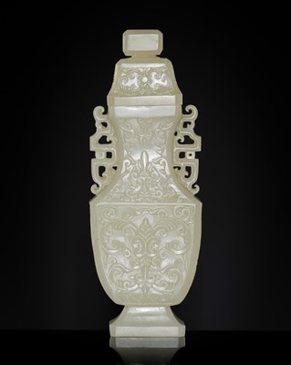 Lot 453 - A MUGHAL-STYLE WHITE JADE ‘CRANES’ VASE AND COVER, 18TH-19TH CENTURY