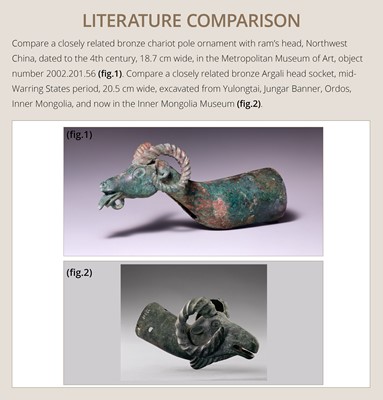 Lot 116 - A ‘RAM'S HEAD’ BRONZE CHARIOT FITTING, WESTERN MONGOLIA, CIRCA 4TH-3RD CENTURY BC