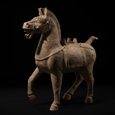 Lot 140 - A MONUMENTAL SICHUAN POTTERY FIGURE OF A PRANCING HORSE, HAN DYNASTY