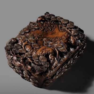 Lot 56 - A BAMBOO 'PINE AND SQUIRRELS' INK-STONE BOX AND COVER, 17TH-18TH CENTURY