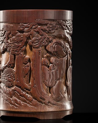 Lot 54 - A RARE CARVED BAMBOO ‘SCHOLARS POINTING AT THE SUN’ BRUSH POT, SIGNED ZHU SANSONG (ACTIVE CA. 1573-1621)