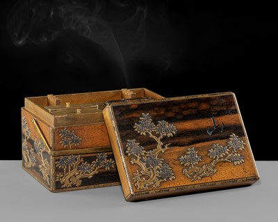 Lot 277 - A FINE LACQUERED WOOD TABAKO-BON (SMOKING SET) AND COVER DEPICTING CHERRY TREES