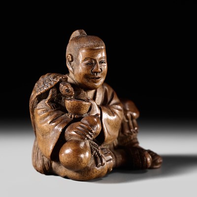 Lot 159 - SHOKO: A FINE WOOD NETSUKE OF URASHIMA TARO GIVING SAKE TO A MINOGAME