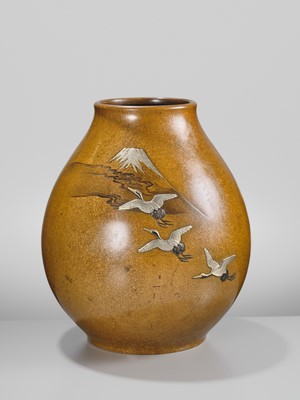 Lot 30 - HIDEKANE: A GOLD-SPECKLED MIXED-METAL-INLAID ‘MOUNT FUJI AND CRANES’ BRONZE VASE