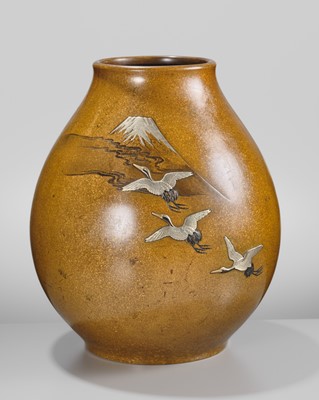 Lot 30 - HIDEKANE: A GOLD-SPECKLED MIXED-METAL-INLAID ‘MOUNT FUJI AND CRANES’ BRONZE VASE