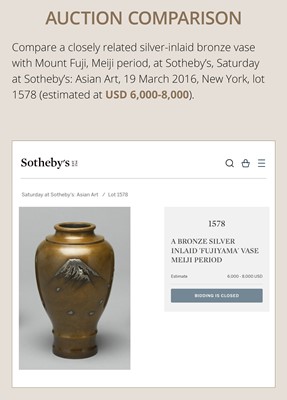 Lot 30 - HIDEKANE: A GOLD-SPECKLED MIXED-METAL-INLAID ‘MOUNT FUJI AND CRANES’ BRONZE VASE