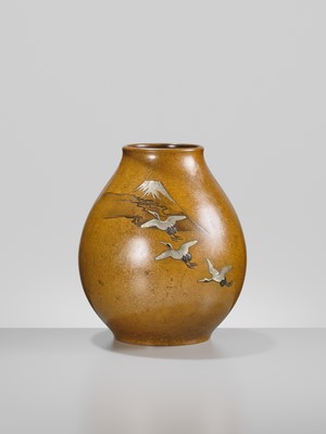 Lot 30 - HIDEKANE: A GOLD-SPECKLED MIXED-METAL-INLAID ‘MOUNT FUJI AND CRANES’ BRONZE VASE