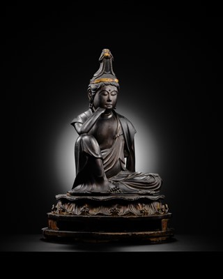 Lot 174 - AN IMPRESSIVE LARGE GILT AND LACQUERED WOOD FIGURE OF NYOIRIN KANNON, THE BODHISATTVA OF WISH-FULFILLING COMPASSION, LATE KAMAKURA TO EARLY MUROMACHI PERIOD