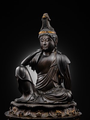 Lot 174 - AN IMPRESSIVE LARGE GILT AND LACQUERED WOOD FIGURE OF NYOIRIN KANNON, THE BODHISATTVA OF WISH-FULFILLING COMPASSION, LATE KAMAKURA TO EARLY MUROMACHI PERIOD