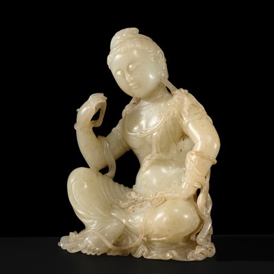 Lot 133 - AN UNUSUAL JADE FIGURE OF A PENSIVE BODHISATTVA, YUAN-MING DYNASTY