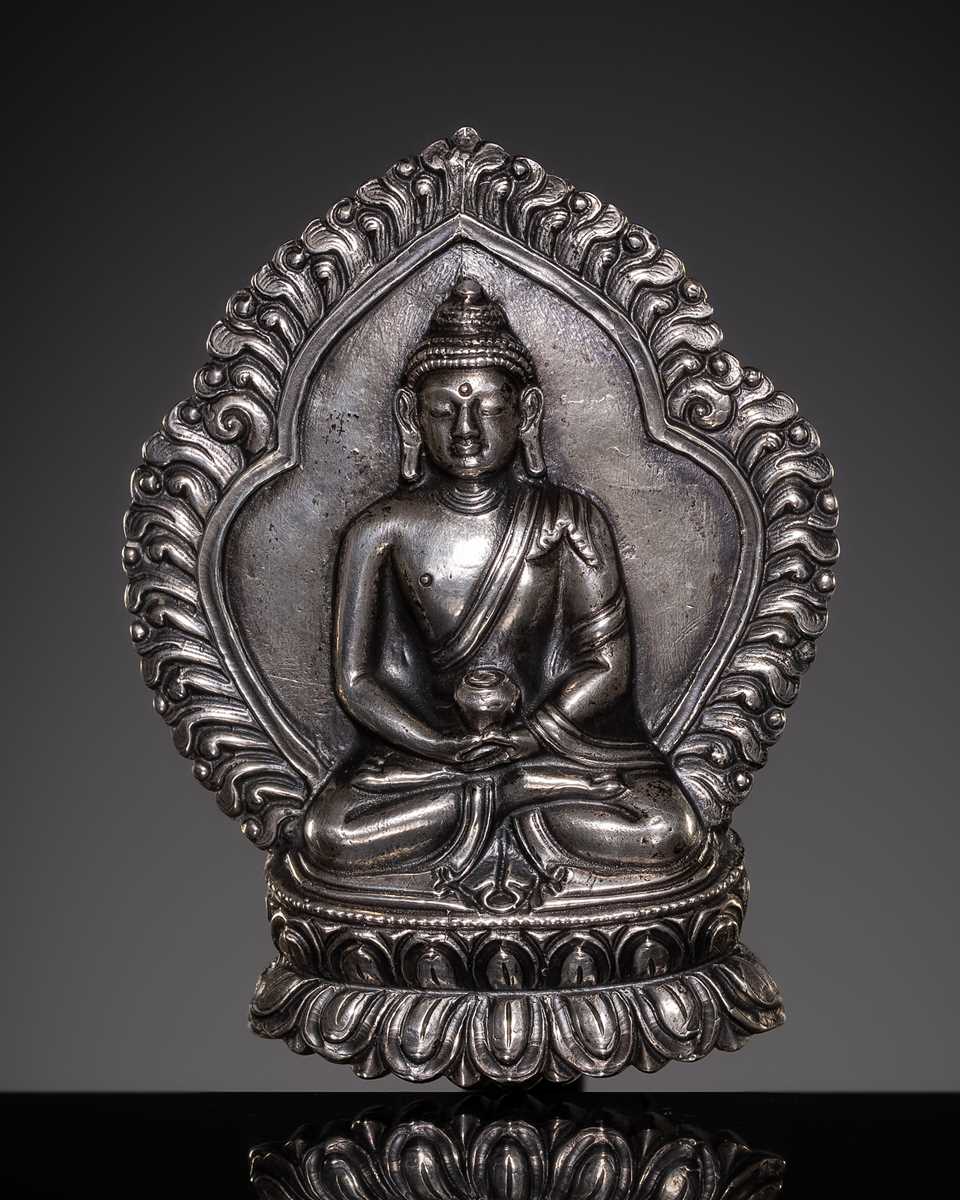 Lot 85 - A SILVERED BRONZE VOTIVE STELE OF BUDDHA AMITABHA, QING DYNASTY