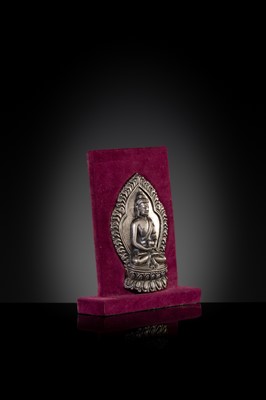 Lot 85 - A SILVERED BRONZE VOTIVE STELE OF BUDDHA AMITABHA, QING DYNASTY