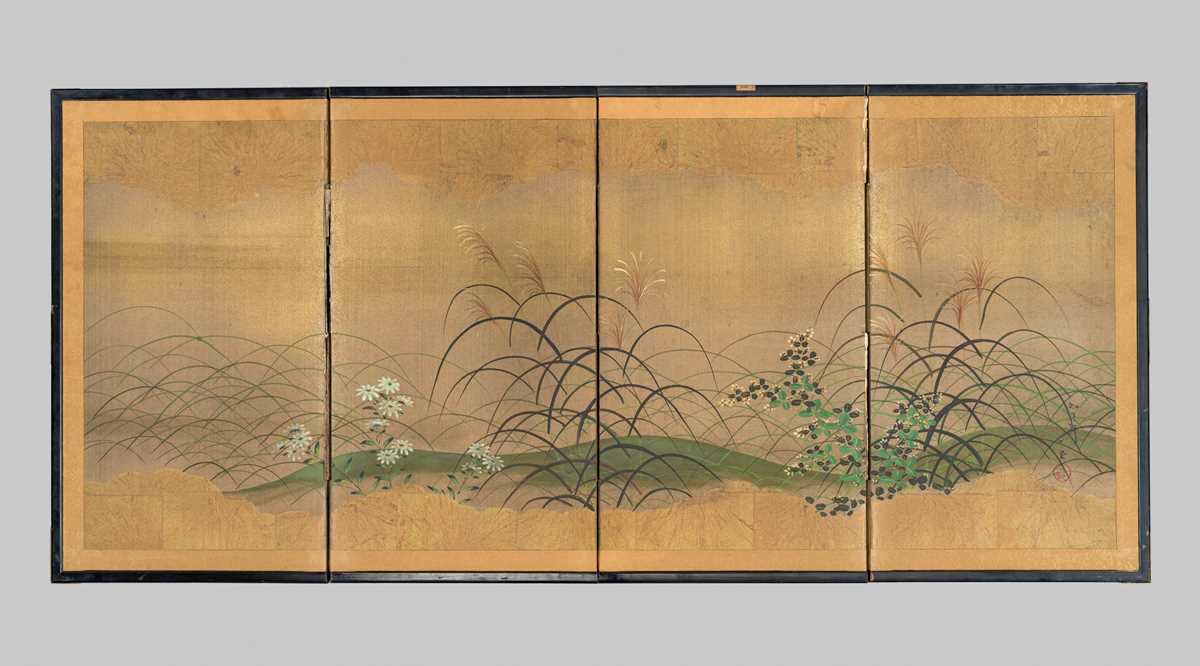A FOUR-PANEL RINPA SCHOOL BYOBU (FOLDING SCREEN) WITH AUTUMN FLOWERS AND GRASSES