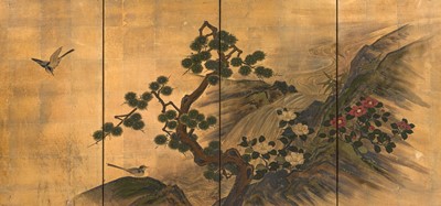 Lot 1324 - A FINE FOUR-PANEL BYOBU (FOLDING SCREEN) DEPICTING A STREAM WITH WAGTAILS AND PINE TREE